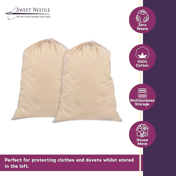 SweetNeedle Pack of 2 Heavy Duty Extra Large Laundry Storage Shopping Bag, 28 x 36 IN 75L - 100% Cotton, Highly durable, Draw-cord with cord-lock, Machine Wash and reusable Travel Bag - Natural