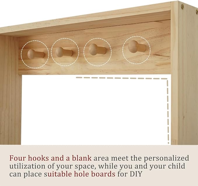 Wooden Kids Bookshelf, Wall Mount Shelf with Hooks, Organizer for Toys and Books, Space-Saving | with Hooks, Space-Saving