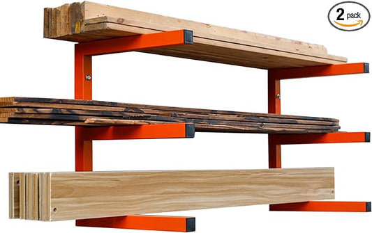 MOOMSINE Lumber Storage Rack Wall Mount, Heavy Duty Metal Wood Organizer with 3-Level Each Shelf Holds Up 200 Lbs, Indoor & Outdoor Use