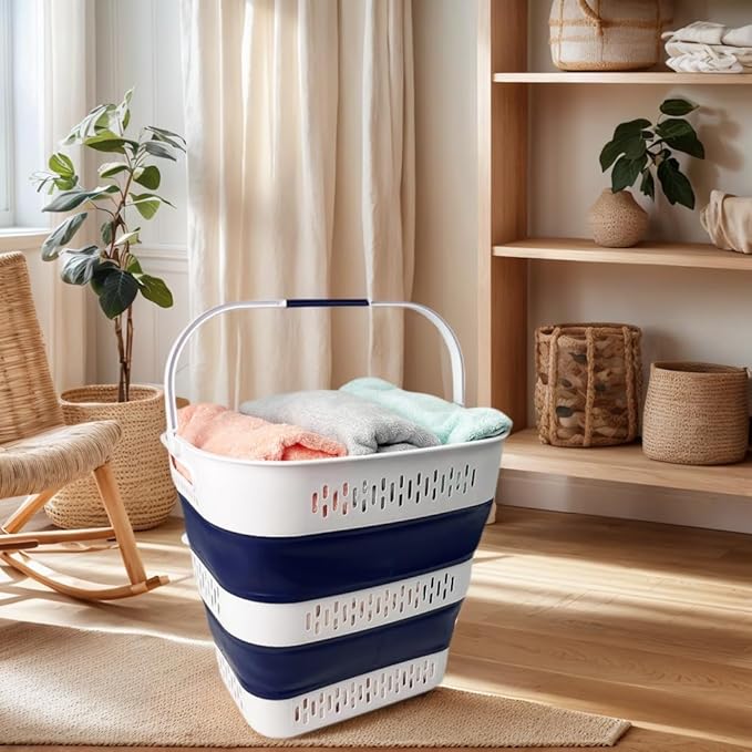 SAMMART 38L (10 Gallon) Collapsible Plastic Laundry Basket - Portable Pop-Up Storage Container/Organizer – Foldable Space Saving Laundry Hamper (2, White/Starry Blue)