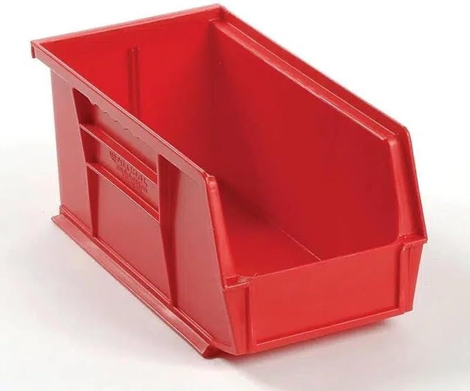 Quantum Storage QUS230 Heavy-Duty Stackable Plastic Storage Bins for Workshop, Warehouse & Garage, Ultra Stack & Hang, 10-7/8" x 5-1/2" x 5", Red, 12-Pack
