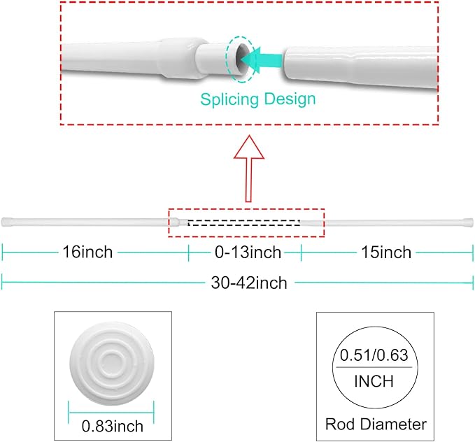 Short Small Spliced Tension Rod 30"-42" Spring Adjustable, No Drilling Extendable Closet Rod for Window Wardrobe Bedroom Doorway Room Divider, White