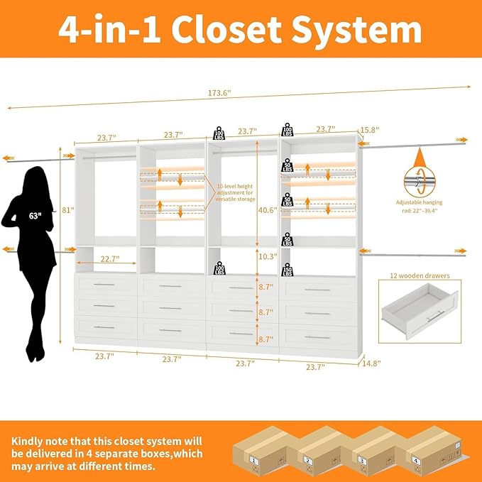Closet System with 12 Wooden Drawers, 10 Shelves & 6 Hanging Rods, 8–21 ft Adjustable Closet Organizer System, 2800 lbs+ Walk-In Closet System, Modular Custom Closet Kit, White(Set of 4)