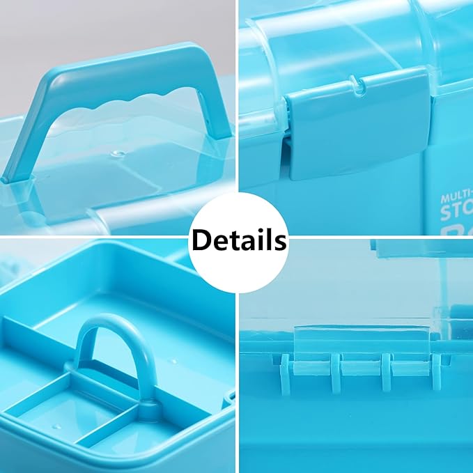 Kinsorcai 11'' Plastic Storage Box with Removable Tray, Multipurpose Organizer and Storage Case for Art Craft and Cosmetic (Blue)