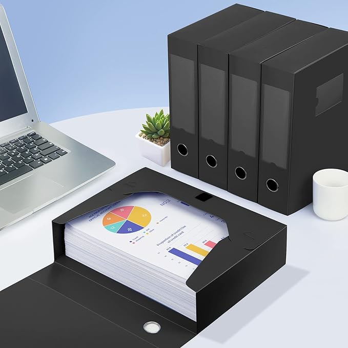 HUA JIE A4 Storage File Boxes Plastic Archives Cases with Lid, File Folder Organizer Document Filing Box for office,31×7.5×23.5 cm, Black(Pack of 6)
