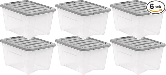 Amazon Basics Plastic Storage Containers with Secure Latching Lids, Stackable Organization Bins, Clear/Grey, 32 Quart, Set of 6