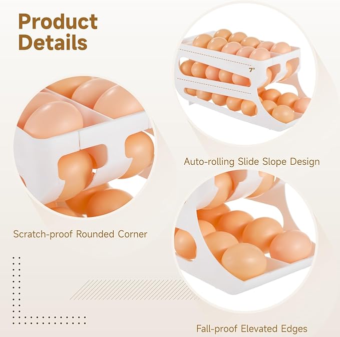 Egg Holder for Fridge, Automatic Rolling Egg Dispenser, Tilted Egg Storage Rack, 3-Tier Auto-Rolling Slope Egg Organizer, Holds about 40 Eggs, Space-saving Egg Storage for Refrigerator, Countertop