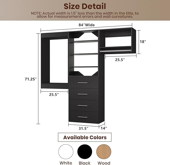 ROOMTEC Modular Closet System, 84" Wall Mounted Closet Organizer with Hanging Rods and Drawers, Modern Wooden Tower for Walk-In Closets, Wardrobe Storage Kit, Black