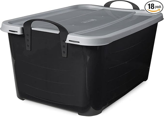 Life Story 18 Pack Heavy Duty Stackable Storage Bin, 55 Quart Home Organizer, Versatile Lightweight Locking Bins with Carrying Handles, Black/Gray