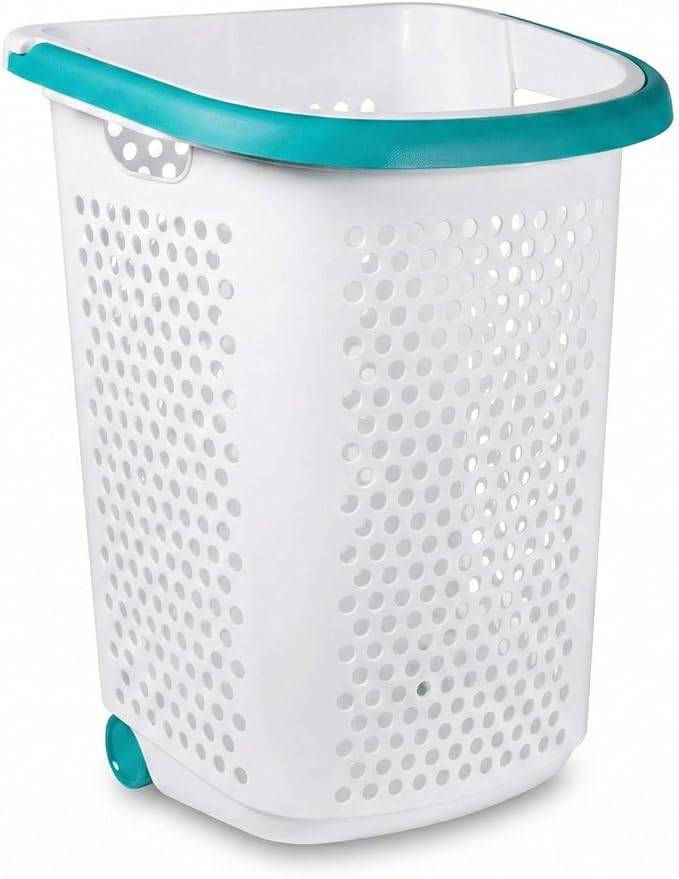 2 Bushel Rolling Laundry Hamper with Wheels & Retractable Handle, Large Capacity Plastic Laundry Basket on Wheels, Airy Hollow Design, White with Teal Accents, 15.47 x 20.11 x 25.00 Inches