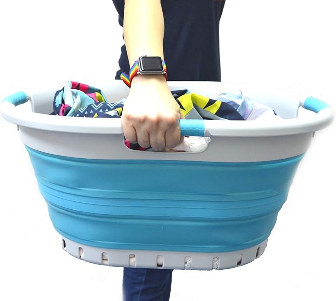 SAMMART 36L (9.5 gallon) Collapsible 3 Handled Plastic Laundry Basket-Foldable Pop Up Storage Container/Organizer-Space Saving Basket (3 handled Oval, Grey/Bright Blue)