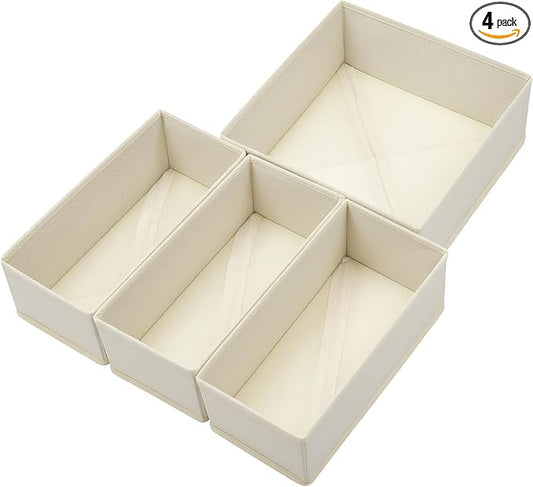 Bructhun Drawer Organizer Set of 4 Beige - Fabric Storage Bins for Clothes, Underwear, Socks & Bras - 11" Dresser Dividers for Bedroom Closet