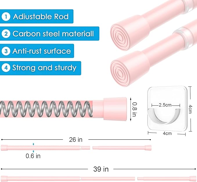 MEXAU 1Pcs Spring Tension Curtain Rod 26-39 inch Spring Tension Rods Pink Tension Rods Adjustable Spring Rod Extendable Tension Rod For Kitchen, Bathroom, Window