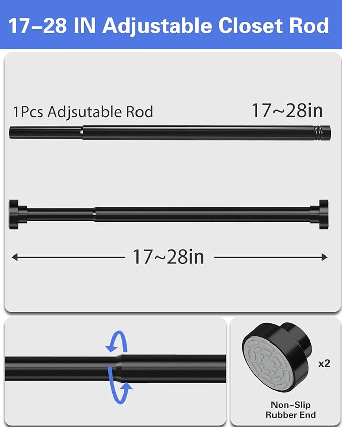 Supforce 2 Pack No Drilling Closet Rods for Hanging Clothes, Non Slip Tension Rod with Heavy Duty Clothes Hanging Rod, 17-28 Inches Adjustable Spring Closet Rod for Closet Wardrobe Bathroom RV, Black