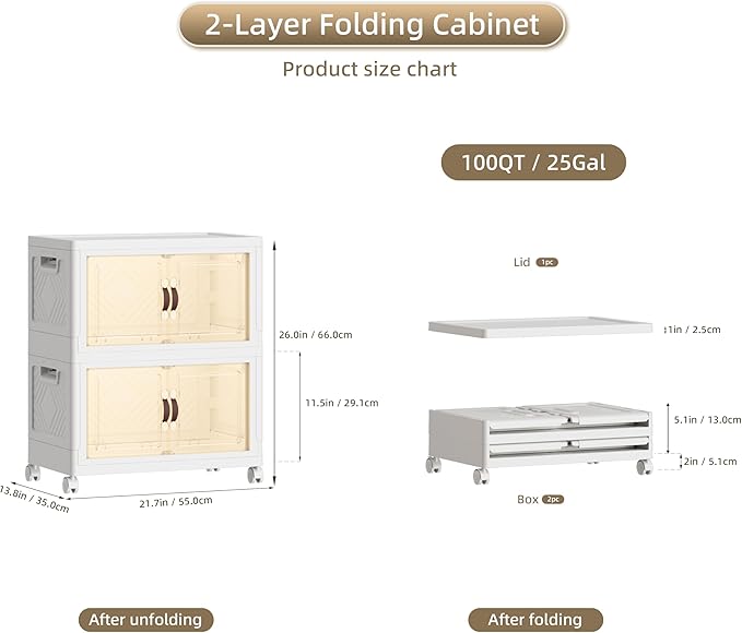 100 QT / 25 Gal Rolling Foldable Storage Cabinet with Stackable Feature - Double Magnetic Doors, Leather Handles, Durable Plastic for Closet/Office, Easy Assembly & Move