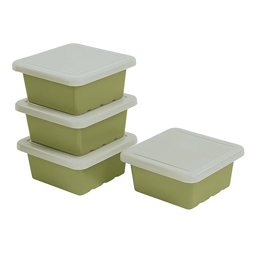 ECR4Kids Stackable Square Bins with Non-Snap Lids, Multipurpose Organization, Fern Green, 4-Pack