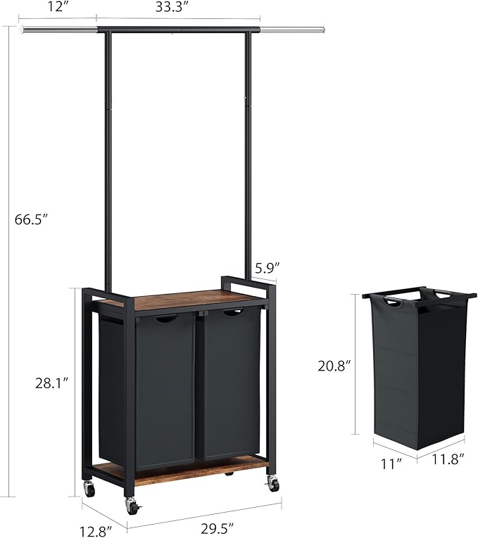 Garvee 2-Section Laundry Sorter with Shelf and Hanging Rack, Rolling Laundry Basket with Shelf and Wheels, Heavy Duty Laundry Hamper Rack for Laundry Room, Bedroom, Bathroom, Black