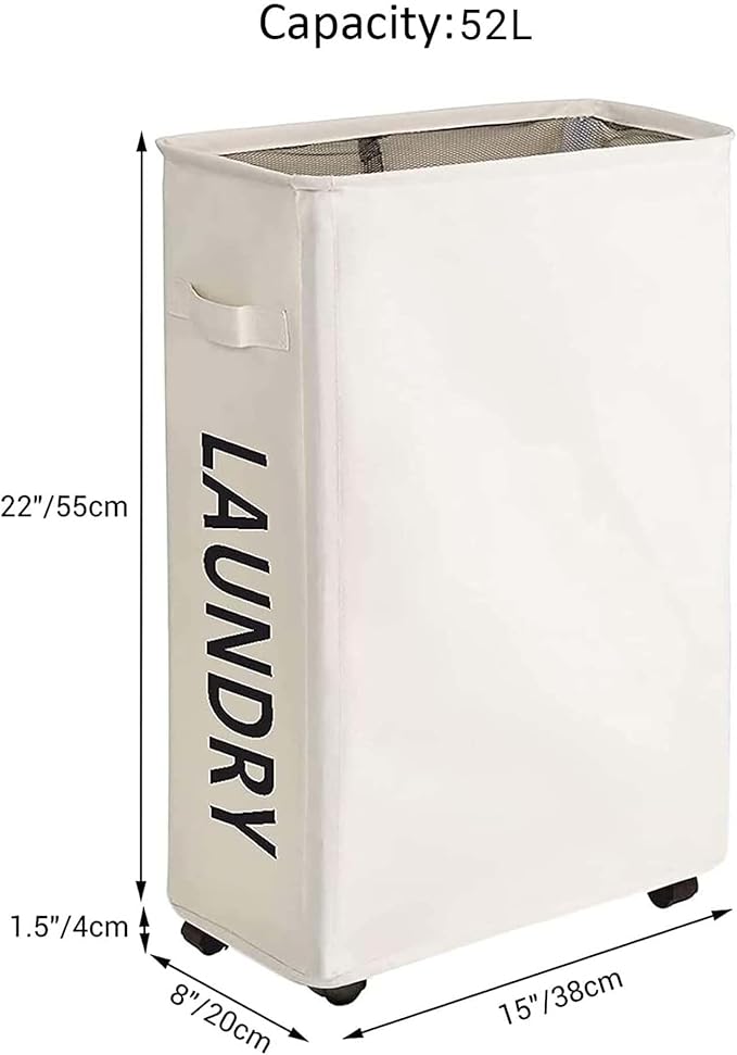 ZERO JET LAG Slim Laundry Hamper with Wheels, Small Laundry Basket for clothes, Rolling Skinny Hampers for Bedroom, Dorm and Laundry Room - 52L Standable Corner Design, (22" Printed Beige)