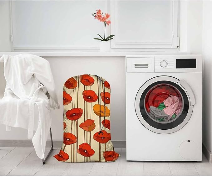 Swono Poppies Drawstring Laundry Bag Floral Pattern Bouquet Blooming Plant Oversize Storage/Travel Bag for Home or College - Measures 28 x 40 inches, Red
