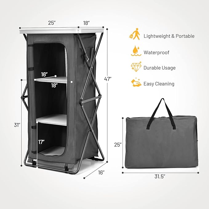 Giantex Folding Camping Storage Cabinet with 3 Shelves and Carry Bag, Portable Outdoor Organizer Kitchen Table, Quick Set-up for BBQ, Picnic, Backyard, Compact Pop-Up Cupboard, 47''H