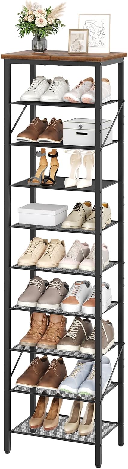 MAHANCRIS 10 Tier Narrow Shoe Rack Organizer, Tall Slim Shoe Storage for Small Space, Holds 10-20 Pairs, Metal Shoe Shelf with Wooden Top for Entryway Closet Bedroom, Rustic Brown and Black SRHR11401