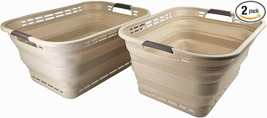 SAMMART 42L (11 gallons) Collapsible Plastic Laundry Basket - Portable Pop Up Storage Container/Organizer - Portable Hamper - Space Saving Easy Storage (Apricot/Brown (Set of 2))