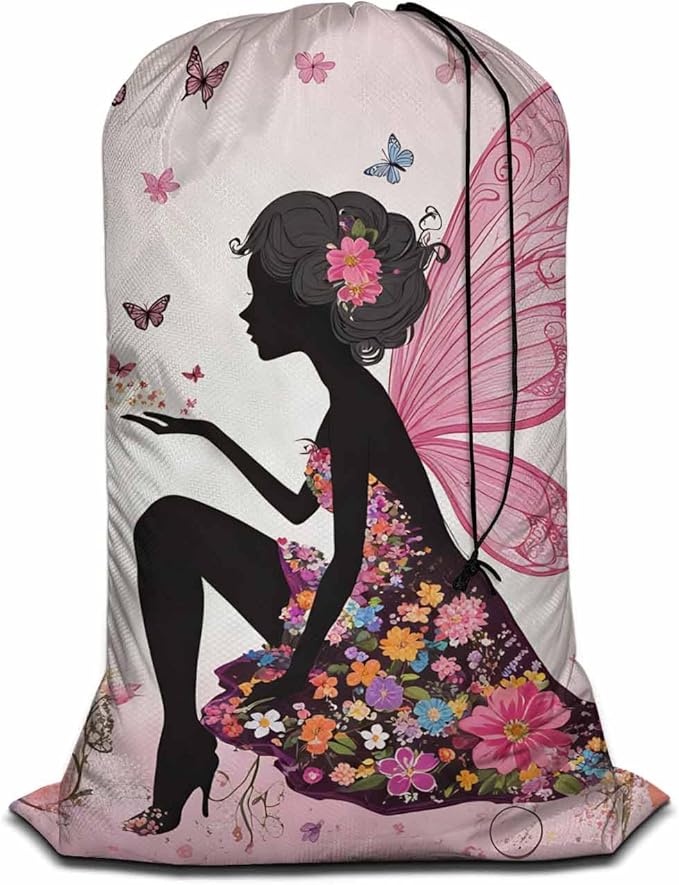 Swono Extra Heavy Duty Laundry Bag Butterfly Girl Fairy, Cartoon Flower Magic Silhouette X-Large Dirty Clothes Drawstring Bag, Washable Laundry Liner for Hamper, Ideal for Camp, Travel