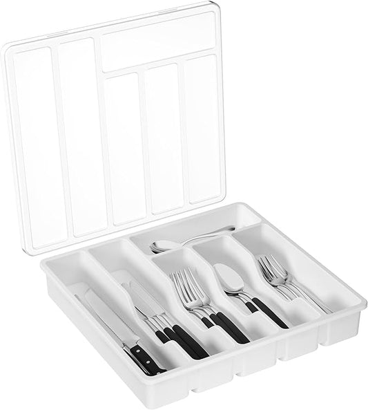 Lifewit Silverware Organizer with Lid, Covered Utensil Tray for Kitchen Drawer and Countertop, Plastic Cutlery and Flatware Storage Box for Spoons Forks Knives Holder Case, 12.6x11.8", White