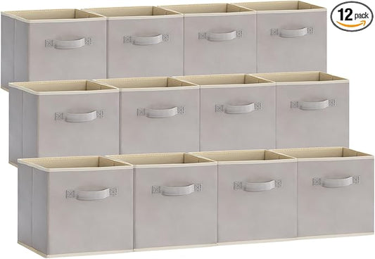 Lifewit Storage Cubes, Foldable Decorative Fabric Storage Baskets for Organizing Home Organizers with Handles for Shelves, Closet, 11 Inch Bins, 18L Light Gray, 12 Packs