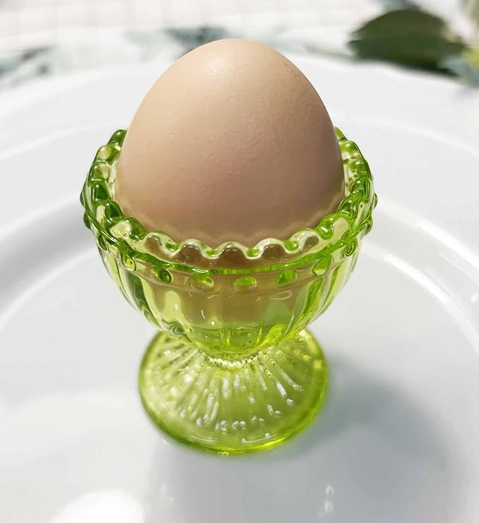 KiaoTime Green Glass Easter Egg Cup for Soft or Hard Boiled Egg Holder - Set of 2 Egg Holders for Breakfast Brunch, Kitchenware, Easter Decoration Egg Cup for Spring Home Party Tableware Decor Favors