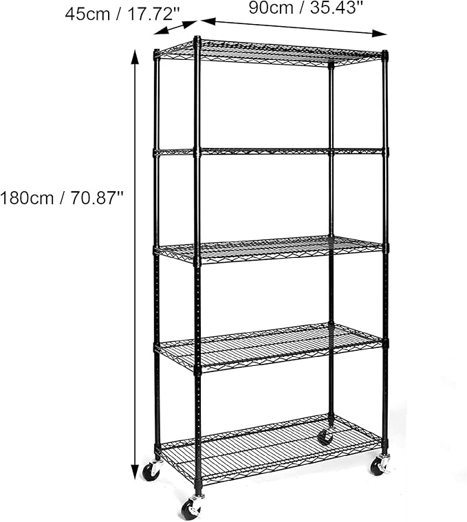 5 Tier Storage Racks Shelving, Heavy Steel Pantry Shelves, Adjustable Wire Shelving Rack with Wheels, Suitable for Garage, Kitchens, Bathroom, Offices, 35.4" W x 18" D x 71" H, Black