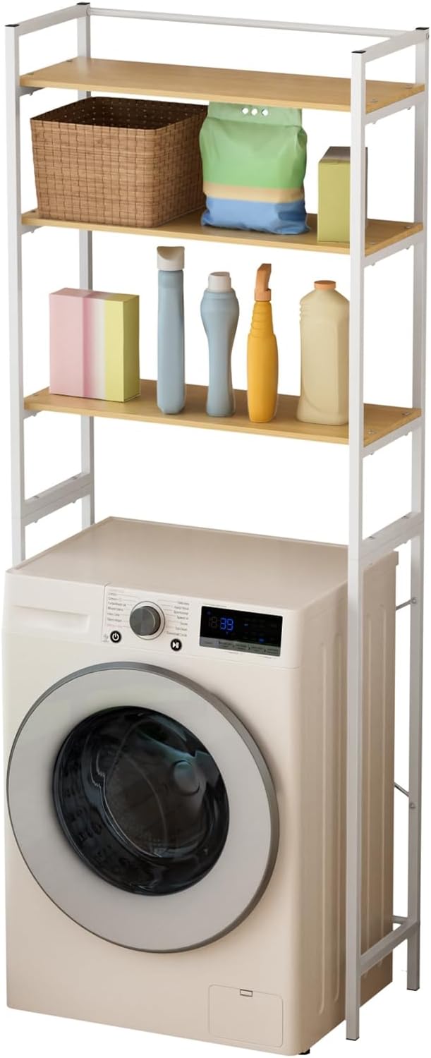 Multi-Tier Over Washer Dryer Storage Rack - 50LBS Capacity Carbon Steel Organizer with Hanging Rod, Anti-Tip & Anti-Slip for Laundry Room Kitchen Bathroom White