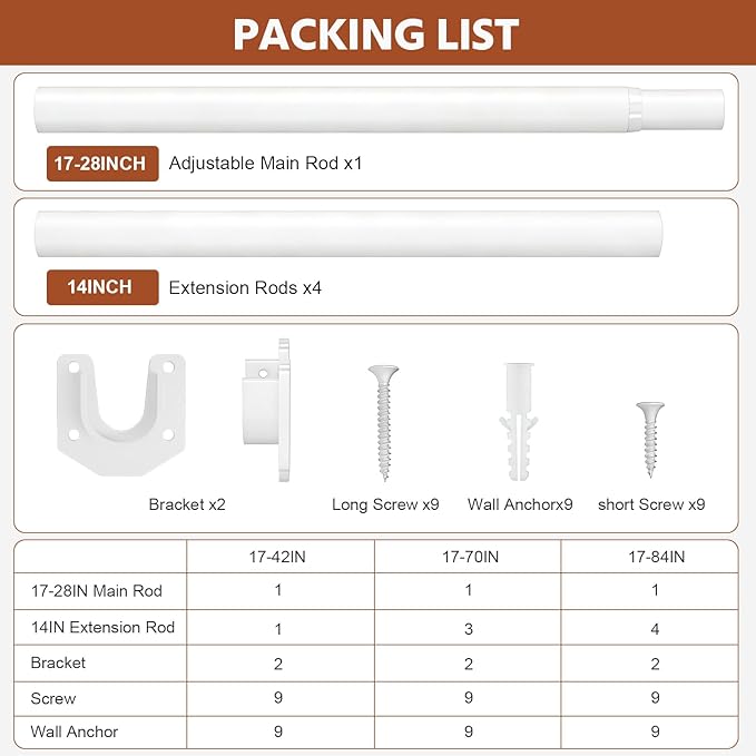 Closet Rods for Hanging Clothes, 17-84 Inch Stepless Adjustable Closet Rod, 1.3 Inch Heavy Duty Metal Clothes Hanging Rod, Expandable Closet Bar Hanger Rod for Closet Wardrobes Laundry RV White