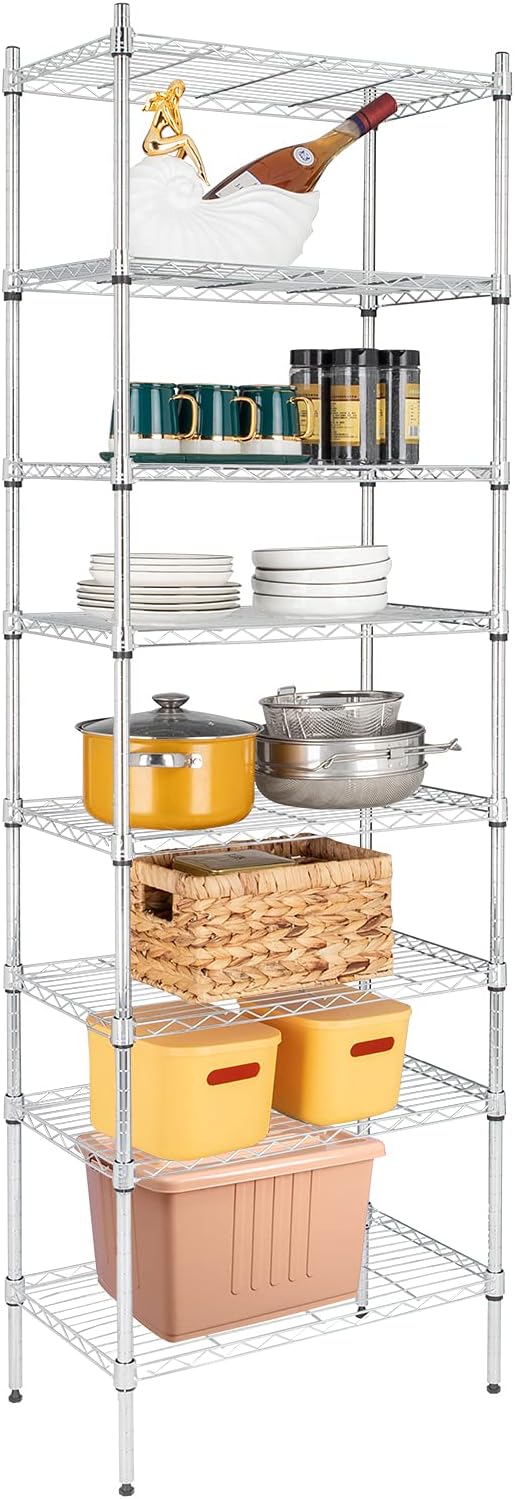 8 Tier Storage Racks Shelving, Heavy Steel Pantry Shelves, Adjustable Wire Shelving Rack, Suitable for Garage, Kitchen, Bathroom, Office, 24" W x 14" D x 71" H, Chrome