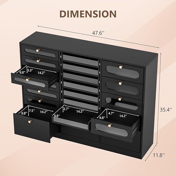 OmySalon Nail Polish Organizer Cabinet with Drawers, 47.2" L Large Nail Salon Storage for Polish & Powder, 7 Clear & 10 Visual Drawers, Wooden Beauty Salon Furniture (Black)