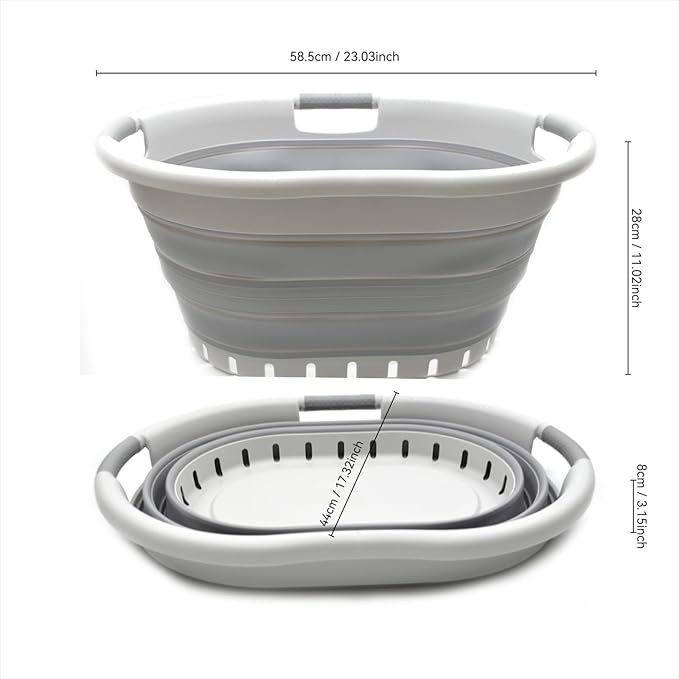 SAMMART 36L (9.5 gallon) Collapsible 3 Handled Plastic Laundry Basket-Foldable Pop Up Storage Container/Organizer-Space Saving Basket (3 handled Oval, Grey/Grey)