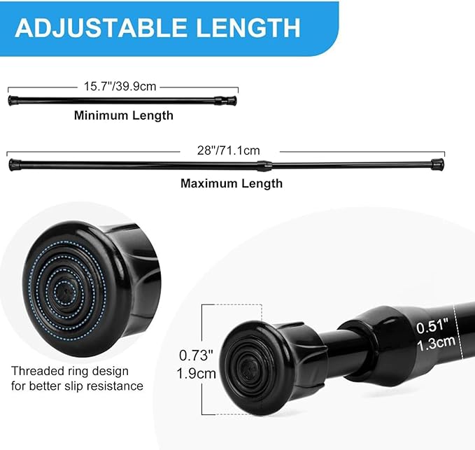 2 Pack Tension Curtain Rod 15.7-28 Inch, Small Short Adjustable Extendable Spring Loaded Rods for Windows Cabinet Blinds Closet Bedroom Kitchen Bathroom Door No Drilling, Black