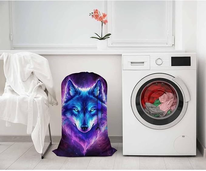 Swono Galaxy Wolf Drawstring Closure Dirty Clothes Bag Organizer, Heavy Duty Large Laundry Bag, Starry Sky Stars Constellation Outer Space Bags for Camp Travel, Machine Washable, Magical Purple