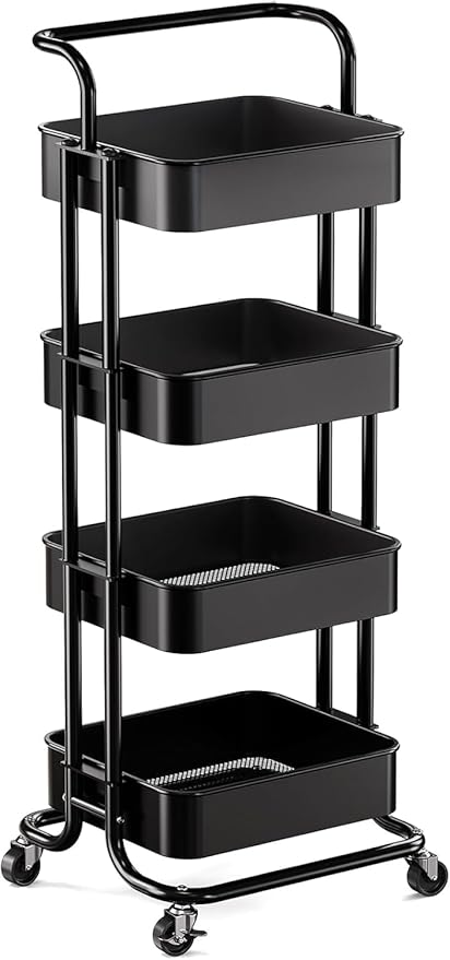 Pipishell 4 Tier Mesh Utility Cart, Rolling Metal Organization Cart with Handle and Lockable Wheels, Multifunctional Storage Shelves for Kitchen Living Room Office White, PIUC12B