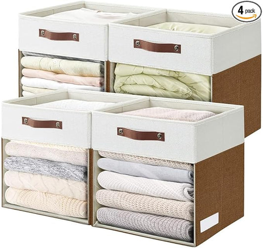 Bagnizer Storage Cubes, 4 Pack Linen Foldable Storage Bins (13 x 13 inch) with Clear Window and Handles, Fabric Organizer for Shelf Closet, Clothes, Books - (Brown and White)