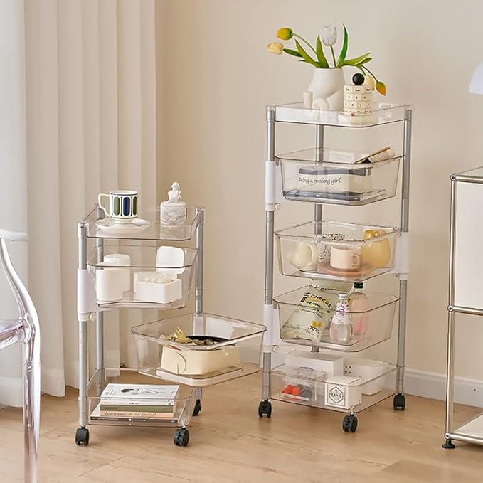 OnDisplay 360° Rotating Clear Storage Trolley – Multi-Tier Rolling Acrylic Utility Cart for Vanity, Craft Room, Pantry, Office & Bathroom – Mobile Multipurpose Organizer Rack for Makeup, Kitchen,
