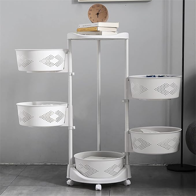 5 Tier Kitchen Storage Cart Multi-Layer Storage Basket with Wheels Fruit Vegetable Storage Shelves Racks Rolling Storage Cart for Kitchen Living Room Bedroom, White (5 Tier)
