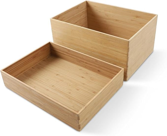 BAMOTTO CRAFTBAMBOO 2-Piece Large Bamboo Storage Box Set - 7.1in High Stackable Deep-Drawer Organizer, Lidless Bin for Kitchen Cutlery Utensils, Home & Office (14.6"x10.2"x7.1"+14.6"x10.2"x3.1")