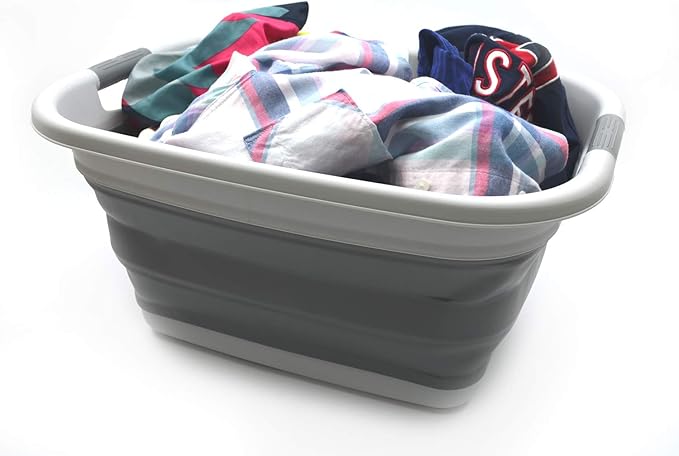 SAMMART Set of 2-31L (8.1 Gallon) Collapsible Plastic Laundry Basket-Pop Up Storage Container-Portable Washing Tub-Space Saving Hamper/Basket, Water Capacity: 23L (6 Gallon) (2, Light Grey)