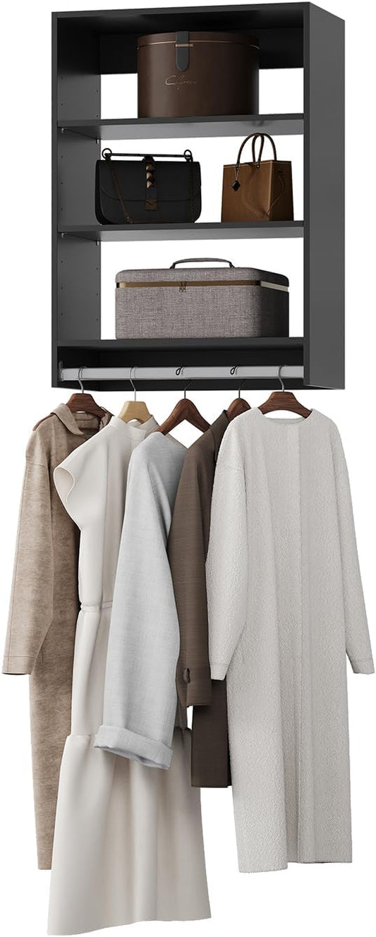 Medium Double Hanging Closet Unit, Modular Closet System, Wood Closet System Organizer with Storage for Walk in Closets, Clothing Rack Closet for Hanging Clothes, Bedroom, Black, 19.5" W