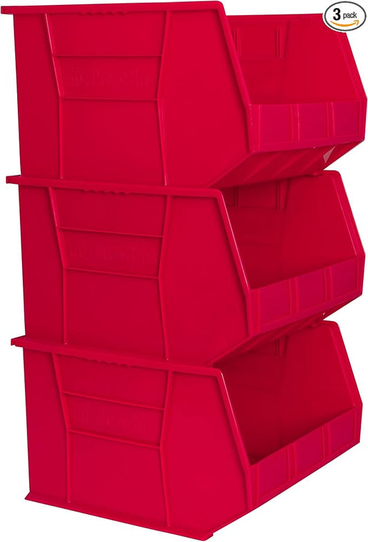 Akro-Mils 30270 AkroBins Plastic Storage Bins, Space-Saving Stackable Bins for Garage, Pantry, Craft Organization, 18" x 16" x 11", Red, 3-Pack