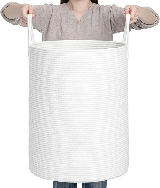 CLHMILY&Z Laundry Hamper Round Storage Rope Basket in Living Room, Bedroom, Laundry Room for Toy, Clothes, Blanket, Pillow (White, 80L)