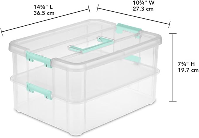 Sterilite 16-Pack Stack & Carry, 2 Layer Handle Box for Home & Office Storage - Clear Base & Lid with Color Latches, Organizer for Art & Craft Supplies, Sewing Tools or 8.5" x 11" Paper