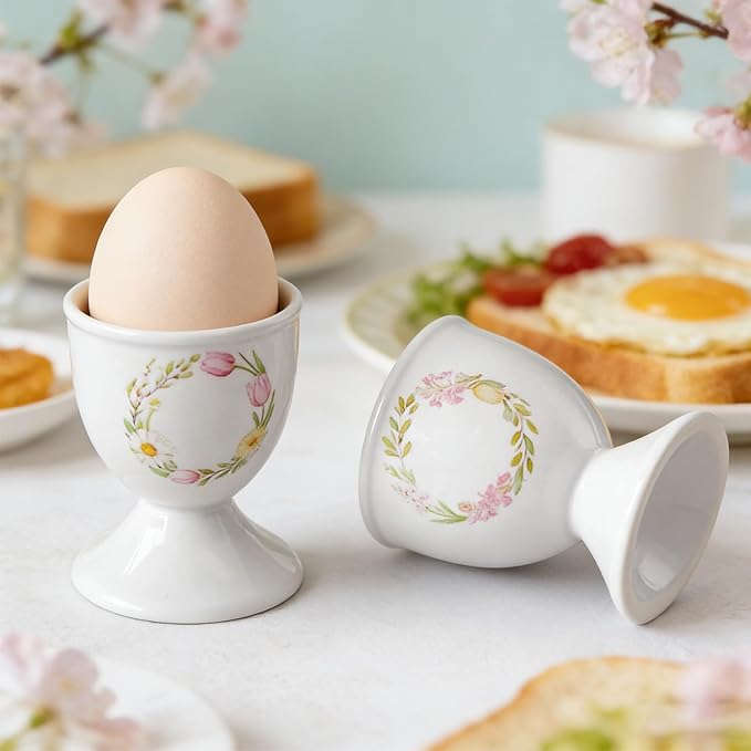 Cinf Ceramic Egg Cup Set of 2 Porcelain Holder Breakfast Boiled Cooking Easy to Clean Childhood Memories Kitchen(Floral)