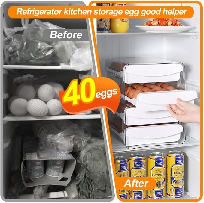 SYLAB Egg Holder for Refrigerator - 40 Eggs Capacity, 2-Tier Stackable Auto-Rolling Egg Container with Drawer & Handles - Clear BPA-Free Egg Storage Organizer for Fridge, Kitchen Countertop & Pantry